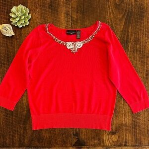 Apostrophe | Red Embellished Jewel Neck Sweater, Size MP
